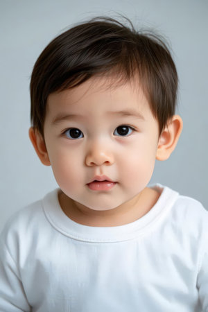 Cute asian baby boy in white t-shirt on gray backgroundの素材