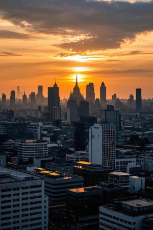 Aerial view of the skyline of Bangkok at sunset, Thailand.の素材