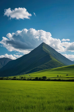 Mountain landscape with green field and blue sky with white clouds.の素材