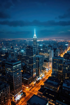 New York City skyline at night with urban skyscrapers, USA.の素材