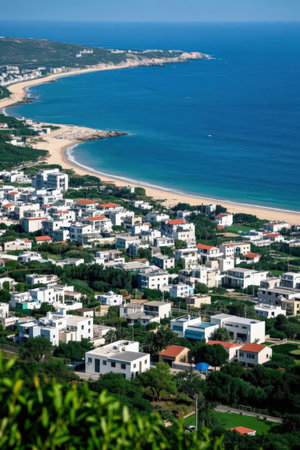 View of the beach and coastline of the island of Rhodes, Greeceの素材