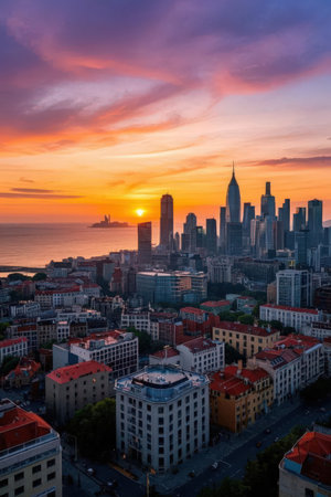 Aerial view of Chicago skyline at sunset, Illinois, USA.の素材
