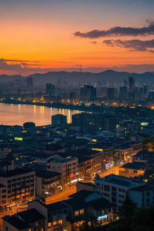 Cityscape of Hangzhou at sunset, China. Hangzhou is the capital of China.の素材