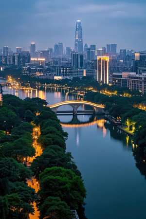 Aerial view of Suzhou Jinji Lake at night, Suzhou China.の素材