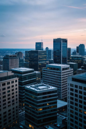 Skyscrapers of Frankfurt am Main at sunset, Germany.の素材