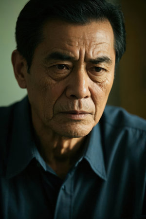 Portrait of a senior Asian man looking at the camera with a serious expressionの素材