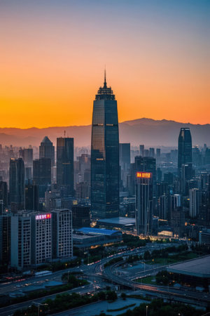 Beautiful architecture building exterior cityscape of hongkong city skyline at sunset timeの素材