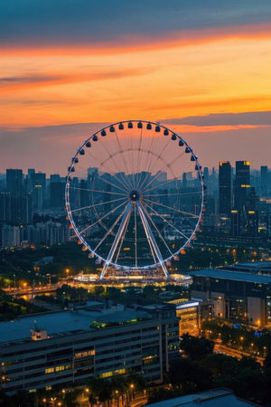 Singapore Flyer at sunset. The Singapore Flyer is the world's largest ferris wheel.の素材