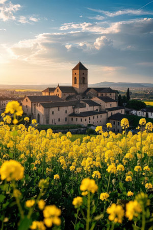 Rapeseed field and the church of San Gimignano, Italyの素材