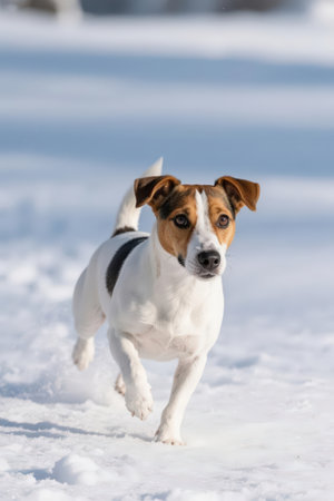 Jack russell terrier dog running in the snow in winterの素材