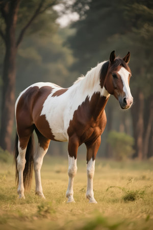 Horse standing on the meadow in the morning light, rear viewの素材