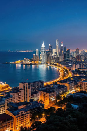 Aerial view of Chicago skyline at night, Illinois, USA.の素材