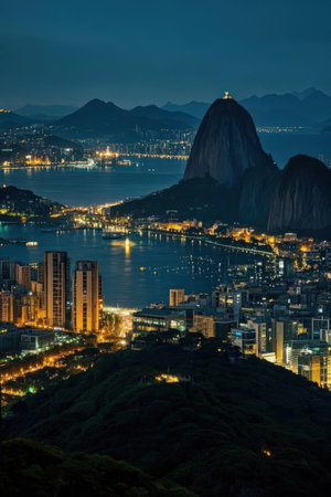 Aerial view of Rio de Janeiro at night with Sugarloaf Mountainの素材