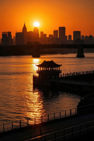 Sunset in Shanghai, China. The view from the Bund.の素材