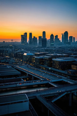 Aerial view of Frankfurt am Main skyline at sunset, Germany.の素材