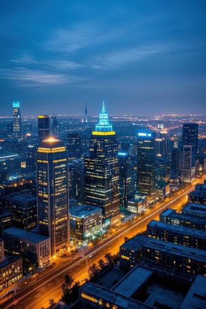 Aerial view of Frankfurt am Main at night, Germany, Europeの素材