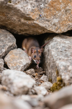 Close up of a brown rat on a rock in the forest.の素材