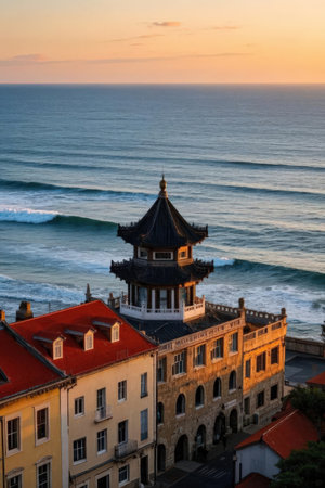 Aerial view of the famous city of Porto at sunset, Portugalの素材