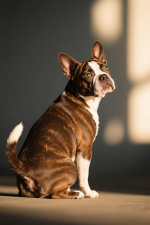 Portrait of a Boston Terrier sitting in front of a wallの素材