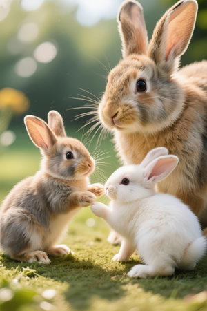 group of cute bunnies playing together on green grass in gardenの素材