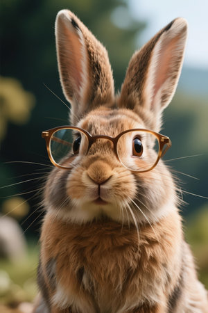 Cute rabbit with glasses on blurred nature background, closeup.の素材