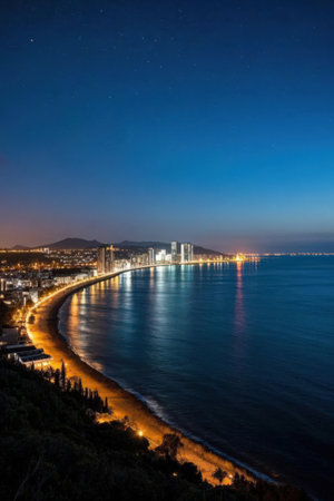 Night view of Barcelona from Montjuic beach, Catalonia, Spainの素材