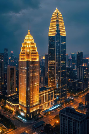 Dubai downtown at night in Dubai, UAE. Dubai was the fastest developing city in the world between 2002 and 2008.の素材