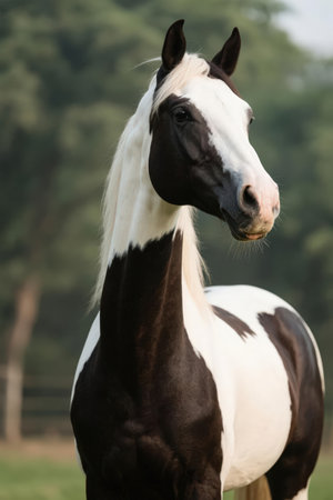 Beautiful black and white welsh cob stallion standing in a fieldの素材