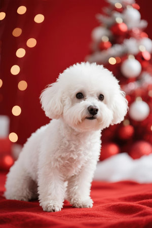 Cute little Maltese dog on red carpet with Christmas tree on backgroundの素材