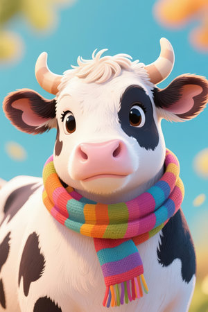 Cute cow with scarf on autumn background, 3d illustration.の素材
