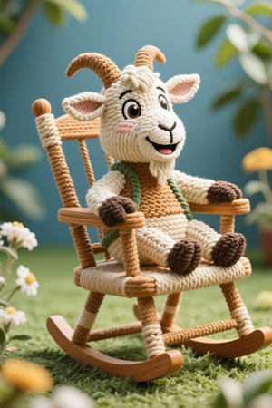 Handmade knitted toy goat on a wooden rocking chair with flowersの素材