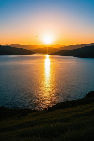 Sunset over the sea in Montenegro, Balkans, Europe.の素材