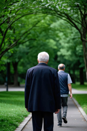Elderly couple walking in the park. Retired people.の素材