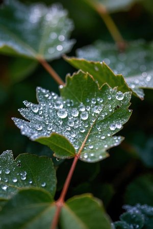 Drops of rain on the green leaves of ivy in autumnの素材