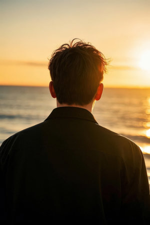 Silhouette of a young man standing on the beach at sunsetの素材