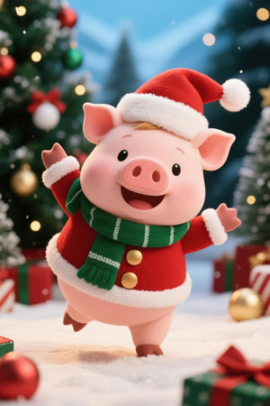 Christmas and New Year background with cute pig in Santa Claus costume.の素材