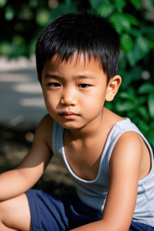 Portrait of asian boy sitting on the ground in the parkの素材