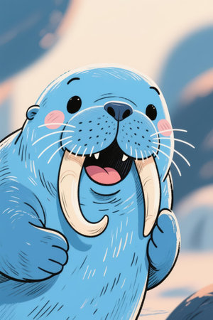 Vector illustration of a cute cartoon walrus on a background of blue skyの素材