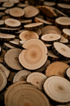 Pile of sawn wood logs in a sawmill. Close up.の素材