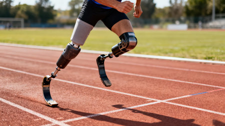 Man with prosthetic leg on running track, close-up.の素材
