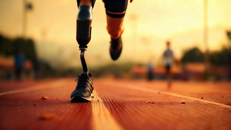 Runner athlete running on racetrack at sunset. woman fitness jogging workout wellness concept.の素材