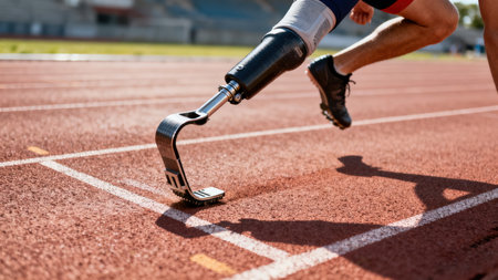 Close-up of disabled man with prosthetic leg on running trackの素材