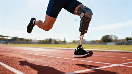 Close up of leg with prosthetic leg running on stadium track.の素材