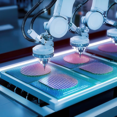 3d rendering robotic arm working on a production line in a factoryの素材