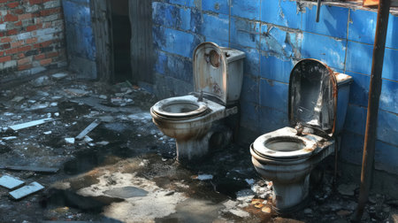 Old dirty toilet in an old abandoned building. Dirty toilet bowl.の素材