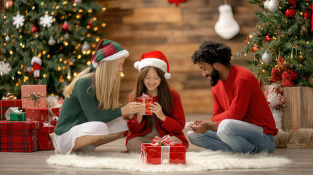 christmas, holidays, celebration and people concept - smiling couple in santa helper hats with gift boxes at homeの素材