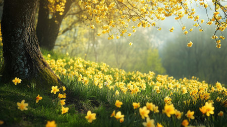 Yellow daffodils in the spring forest. Nature background.の素材