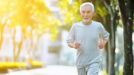 Asian senior man jogging in the park.Healthy lifestyle concept.の素材