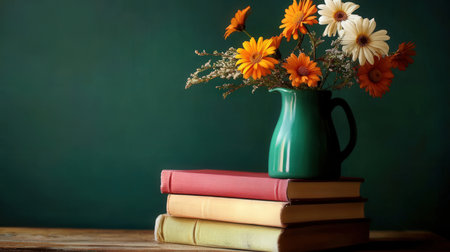Vase with beautiful flowers on books on wooden table against chalkboardの素材