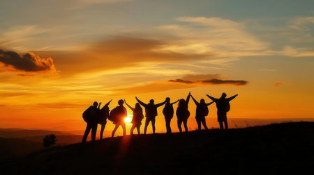 Silhouette of a group of people raising their hands up at sunsetの素材